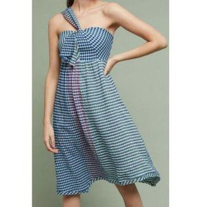 NEW Anthropologie Maeve One Shoulder Gingham Waverly Dress Check Plaid Blue $138